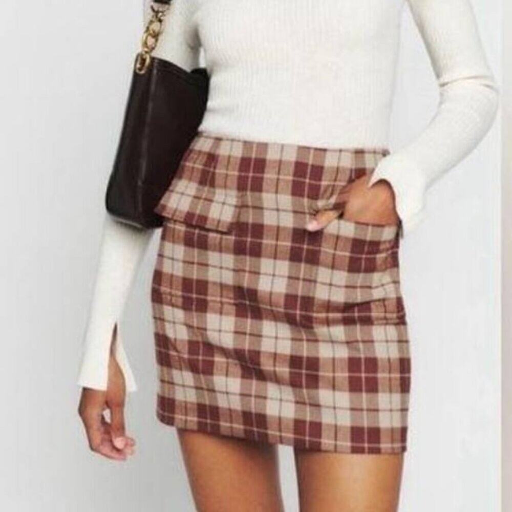 Reformation Janis Plaid Mini Skirt Brown Plaid Pocket Preppy Y2K Casual Size 0